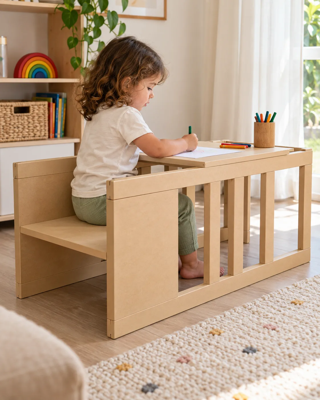 Torre de Aprendizagem na configuração de mesa, com criança desenhando