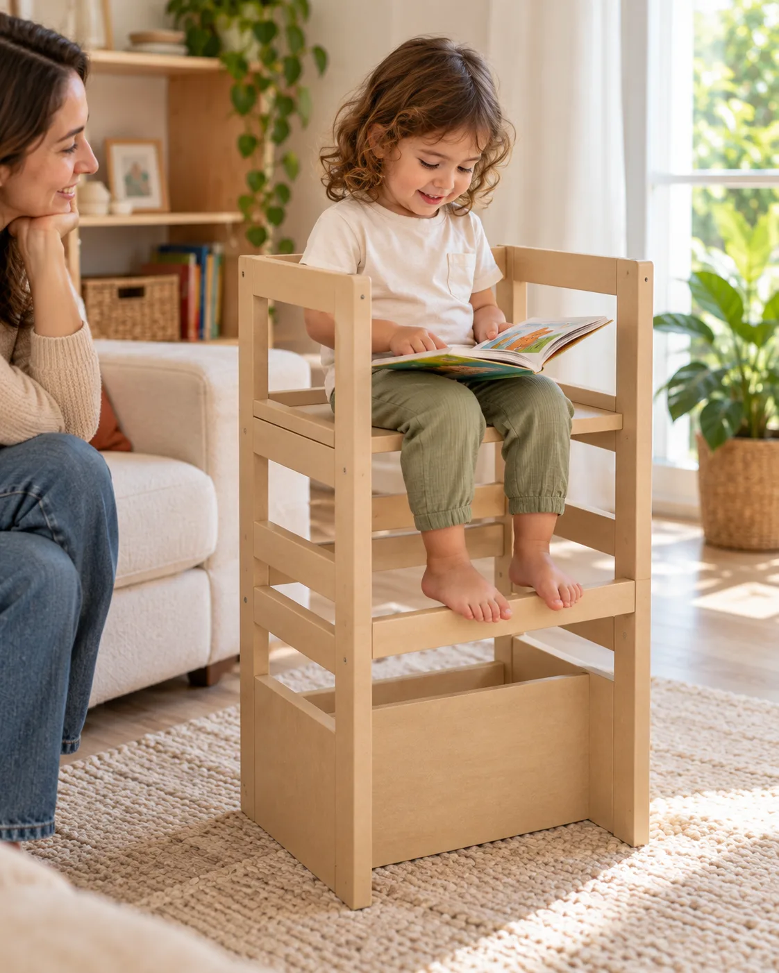 Criança lendo na Torre de Aprendizagem Montessori